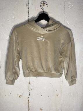 Nike Girls Cropped Velour Pullover Hoodie Beige Gold Script Size 6X